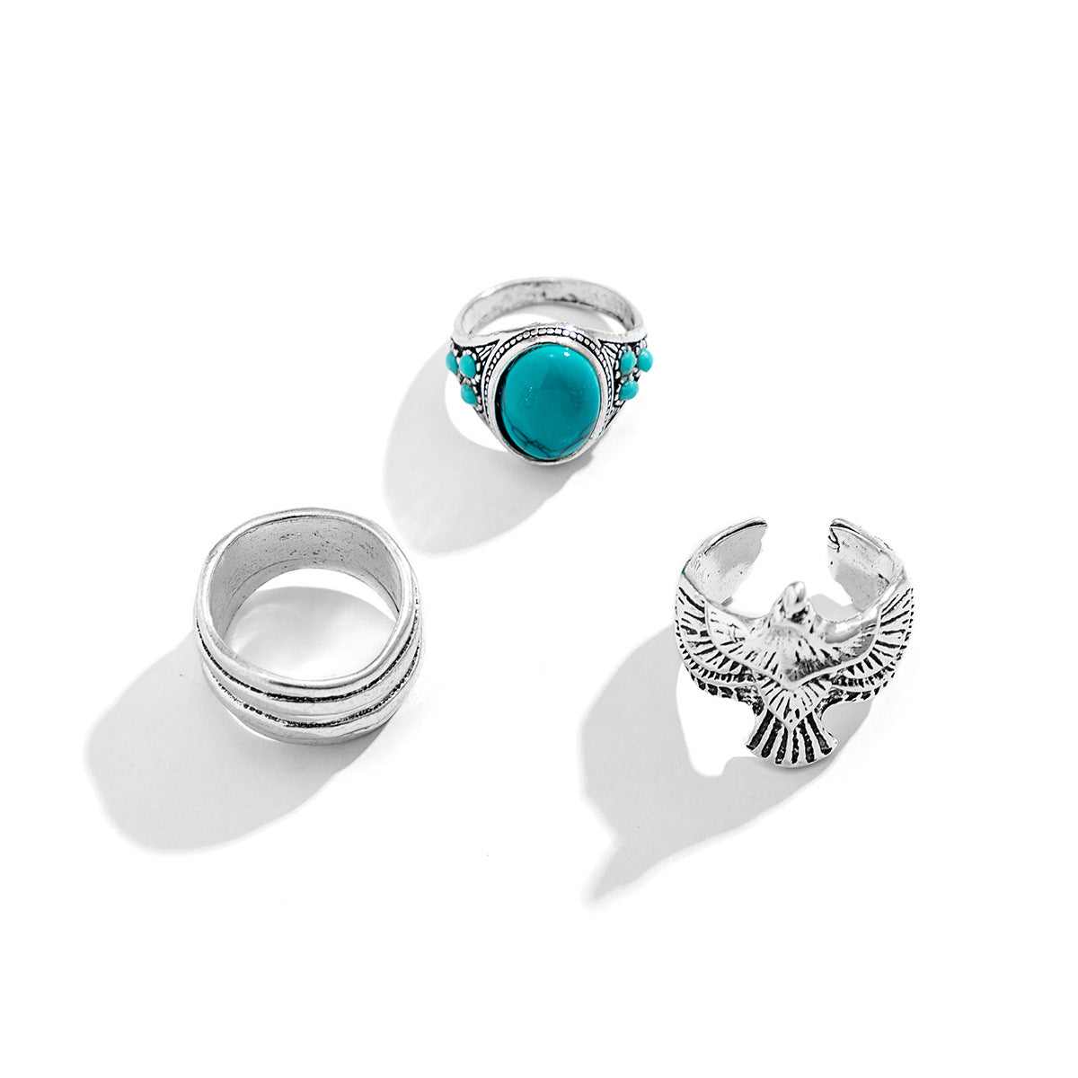 Retro Trend Turquoise/Winged Eagle/Simple Multilayer Design Versatile Ring Set