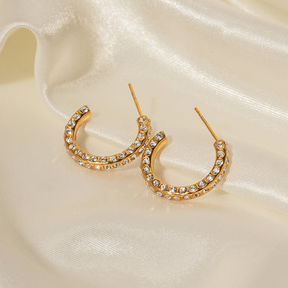 18K Gold Noble and Elegant Inlaid Geometric Cubic Zirconia C-shaped Design Versatile Earrings