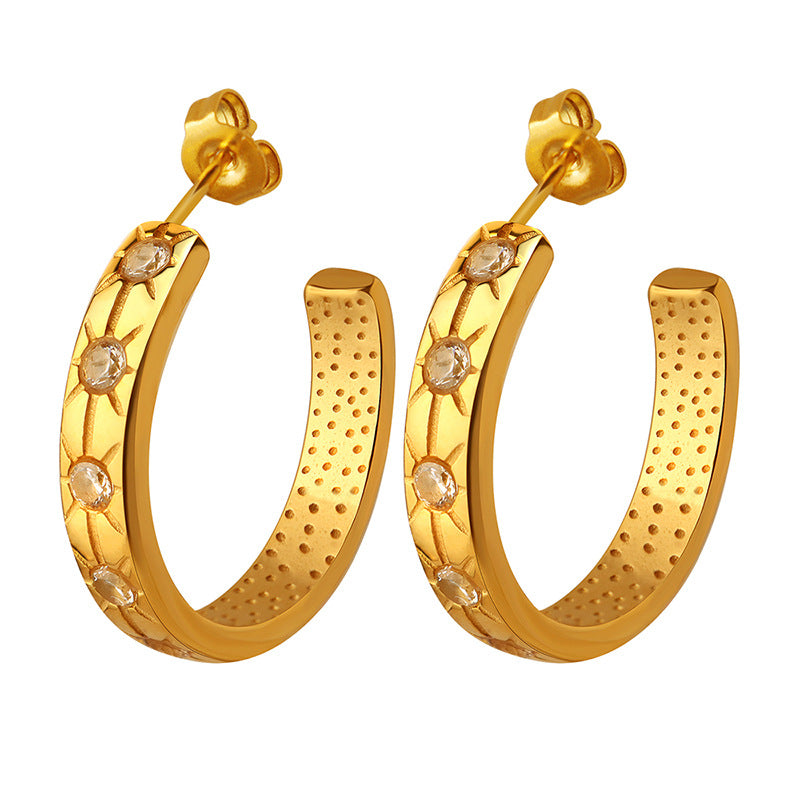 18K Gold Exquisite Dazzling C-shaped Earrings with Star Pattern Inlaid Zircon Design Versatile