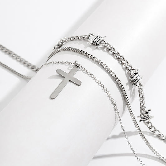 Fashionable and simple hip-hop style three-tiered pearl cross design necklace