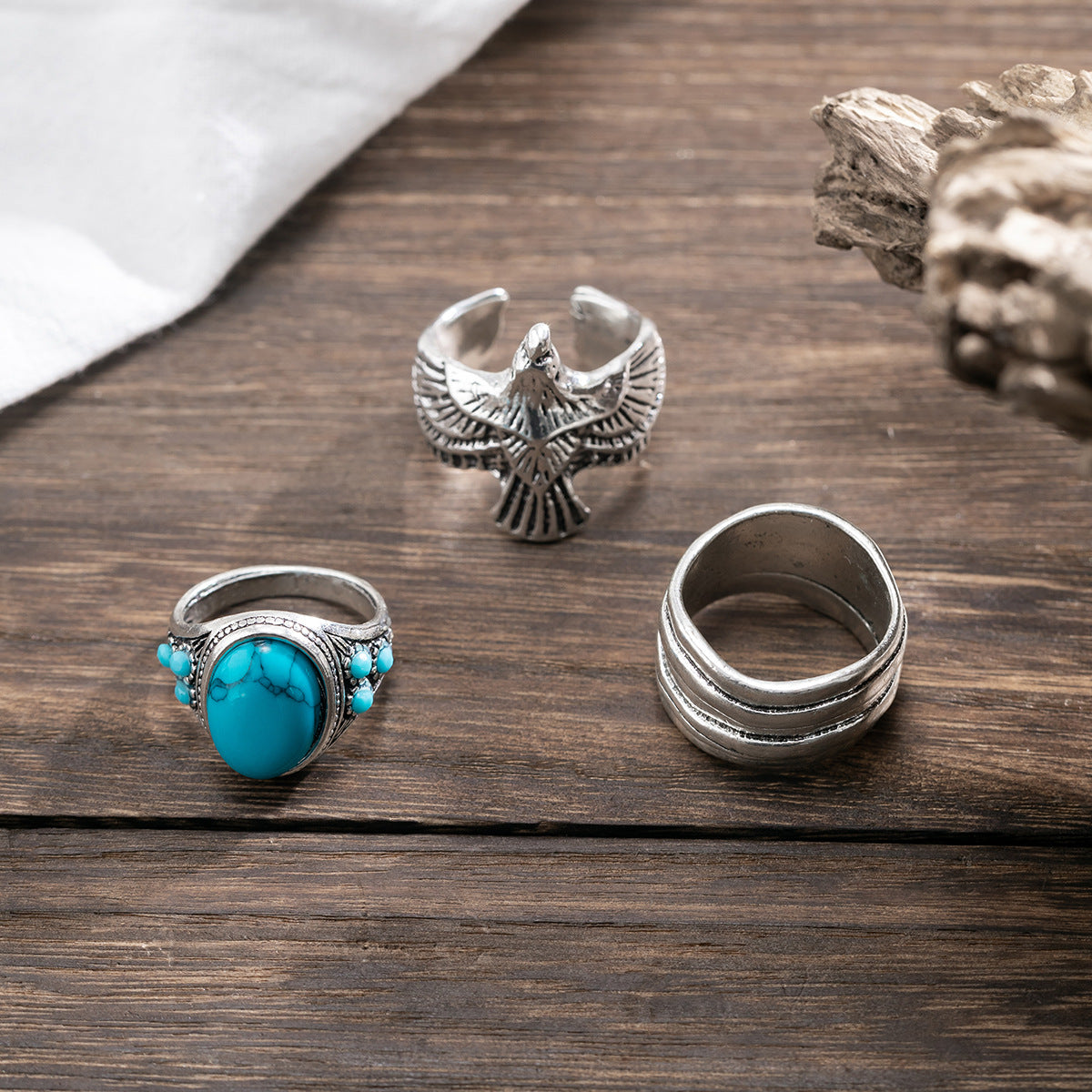 Retro Trend Turquoise/Winged Eagle/Simple Multilayer Design Versatile Ring Set