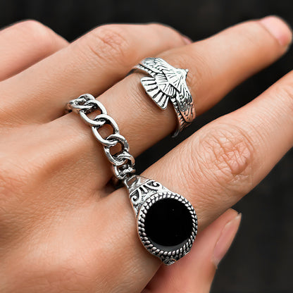 Trendy Personality Winged Eagle/Inlaid Black Gem/Simple Chain Design Versatile Ring Set