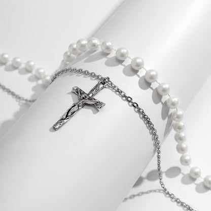 Classic simple stacked cross design with pearl all-match necklace