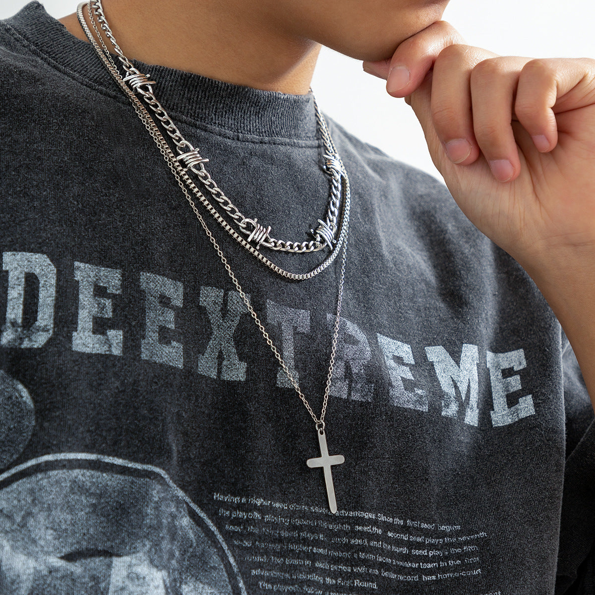 Fashionable and simple hip-hop style three-tiered pearl cross design necklace