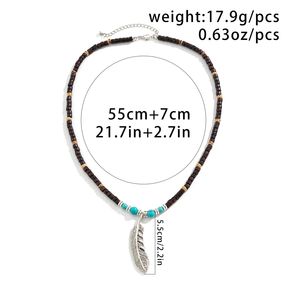 Exquisite and trendy mosaic wooden beads and turquoise with feather design pendant necklace