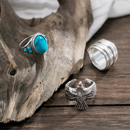 Retro Trend Turquoise/Winged Eagle/Simple Multilayer Design Versatile Ring Set