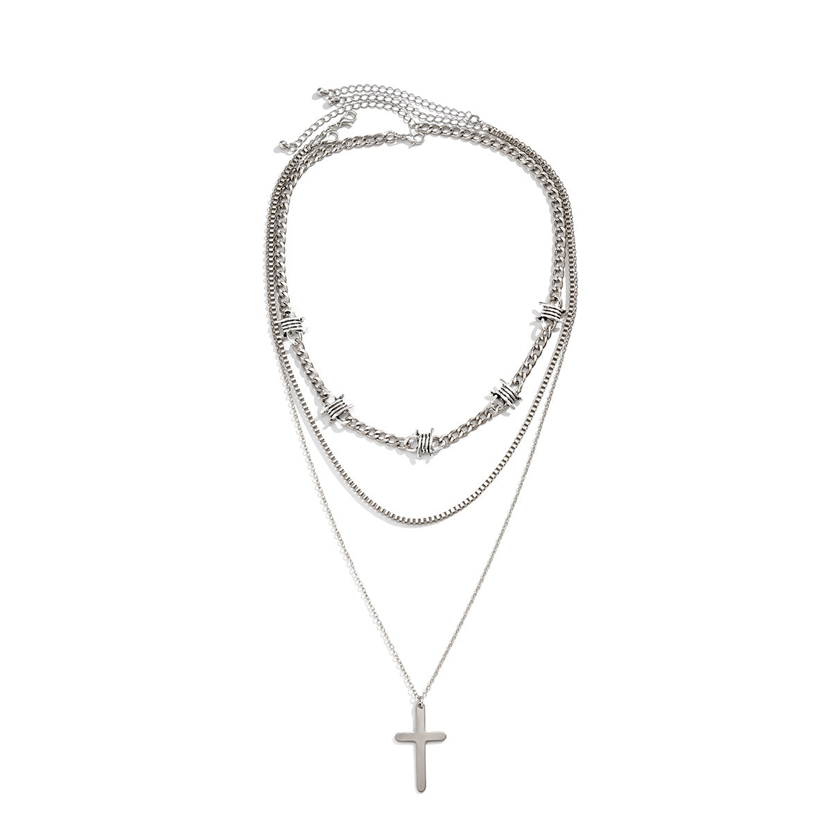 Fashionable and simple hip-hop style three-tiered pearl cross design necklace