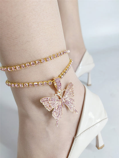 Diamond Butterfly Pendant Double Anklet