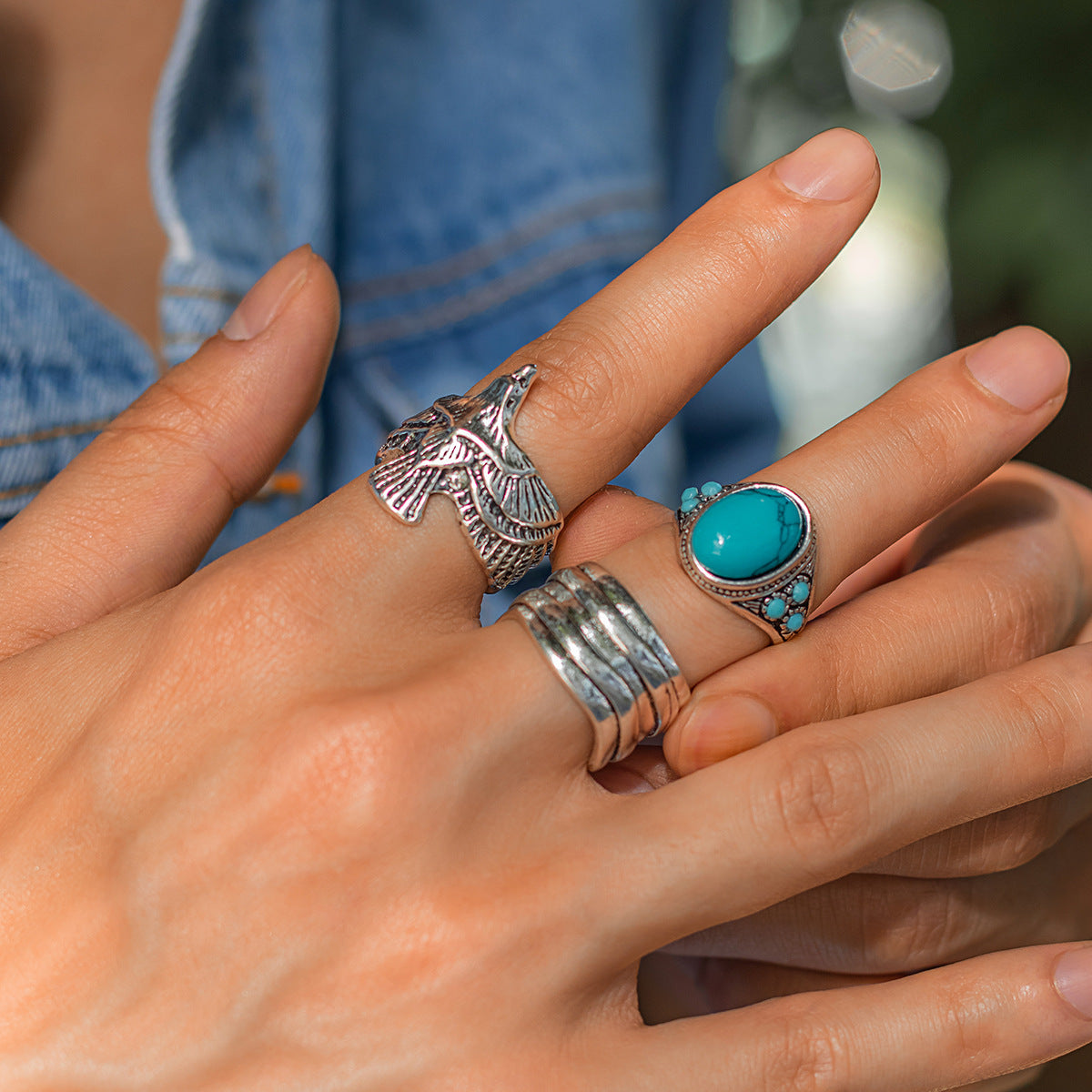 Retro Trend Turquoise/Winged Eagle/Simple Multilayer Design Versatile Ring Set