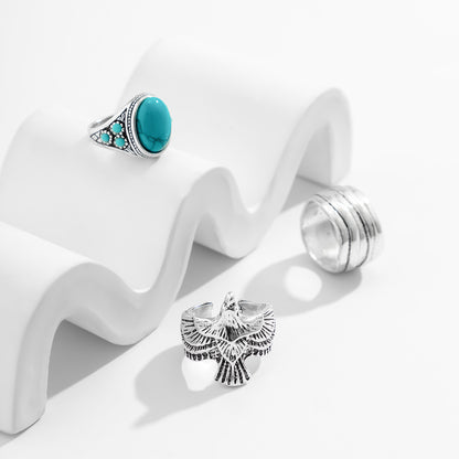 Retro Trend Turquoise/Winged Eagle/Simple Multilayer Design Versatile Ring Set