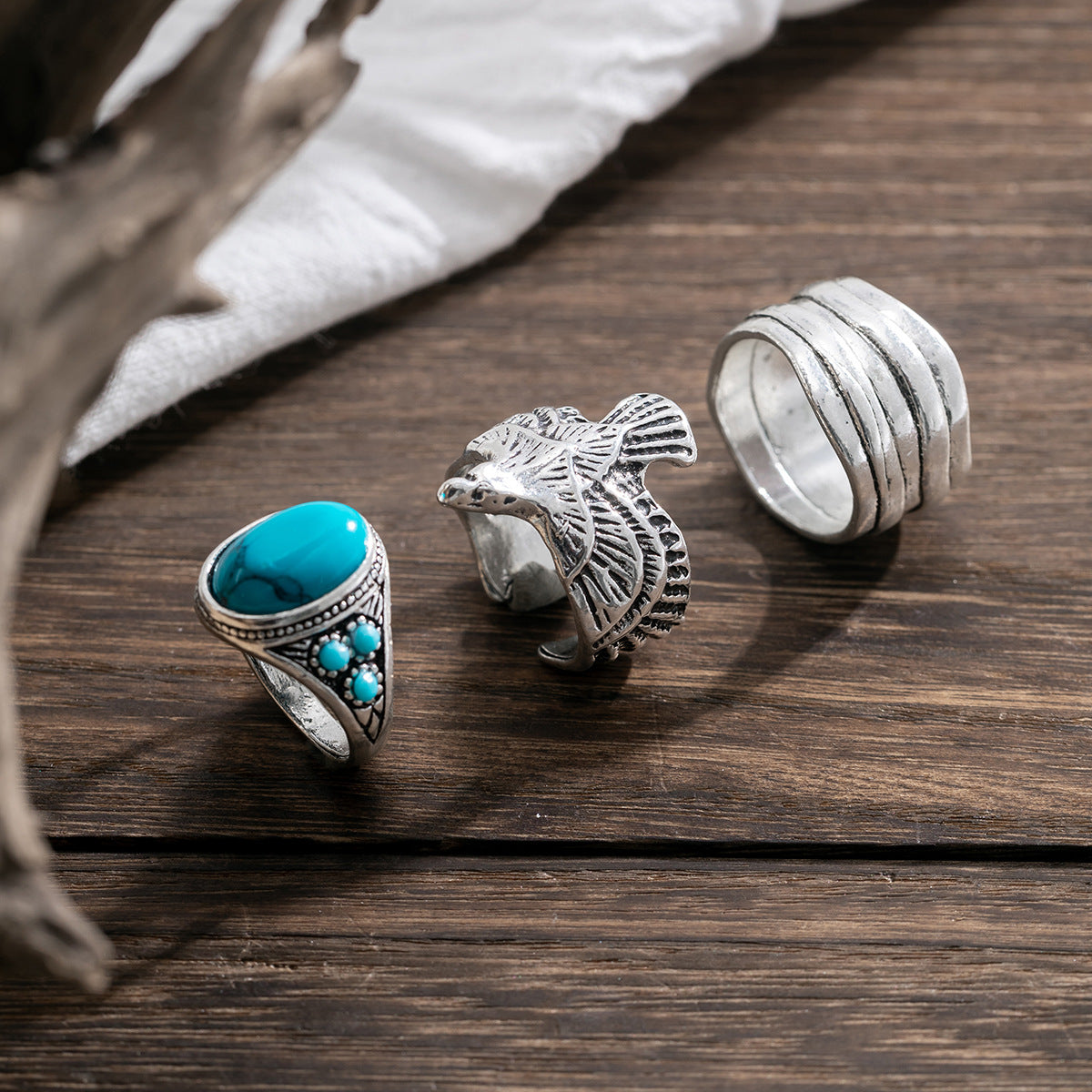 Retro Trend Turquoise/Winged Eagle/Simple Multilayer Design Versatile Ring Set