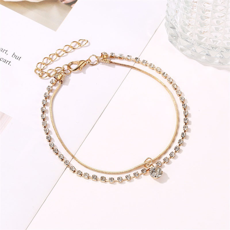 Exquisite personality double-layer diamond-encrusted snake bone chain design beach wind anklet