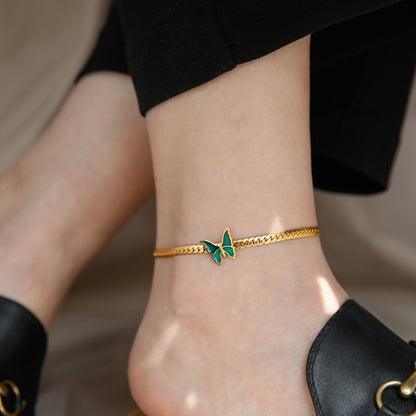 18K Gold Exquisite Light Luxury Green Butterfly Design Versatile Anklet