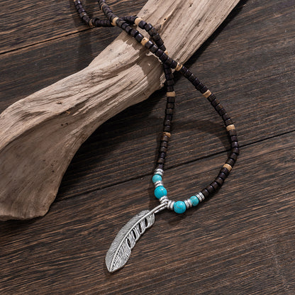 Exquisite and trendy mosaic wooden beads and turquoise with feather design pendant necklace