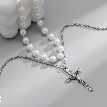 Classic simple stacked cross design with pearl all-match necklace