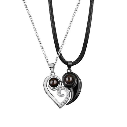 Trendy black and white matching heart design projection necklace