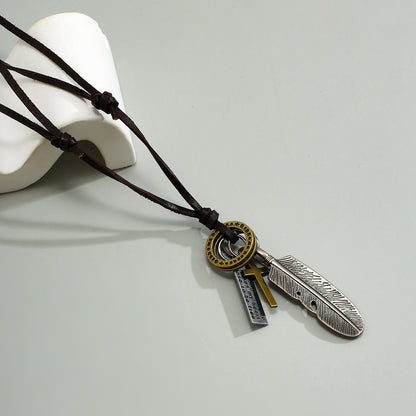 Vintage Fashion Leather Chain with Feather and Cross Design Versatile Pendant Necklace