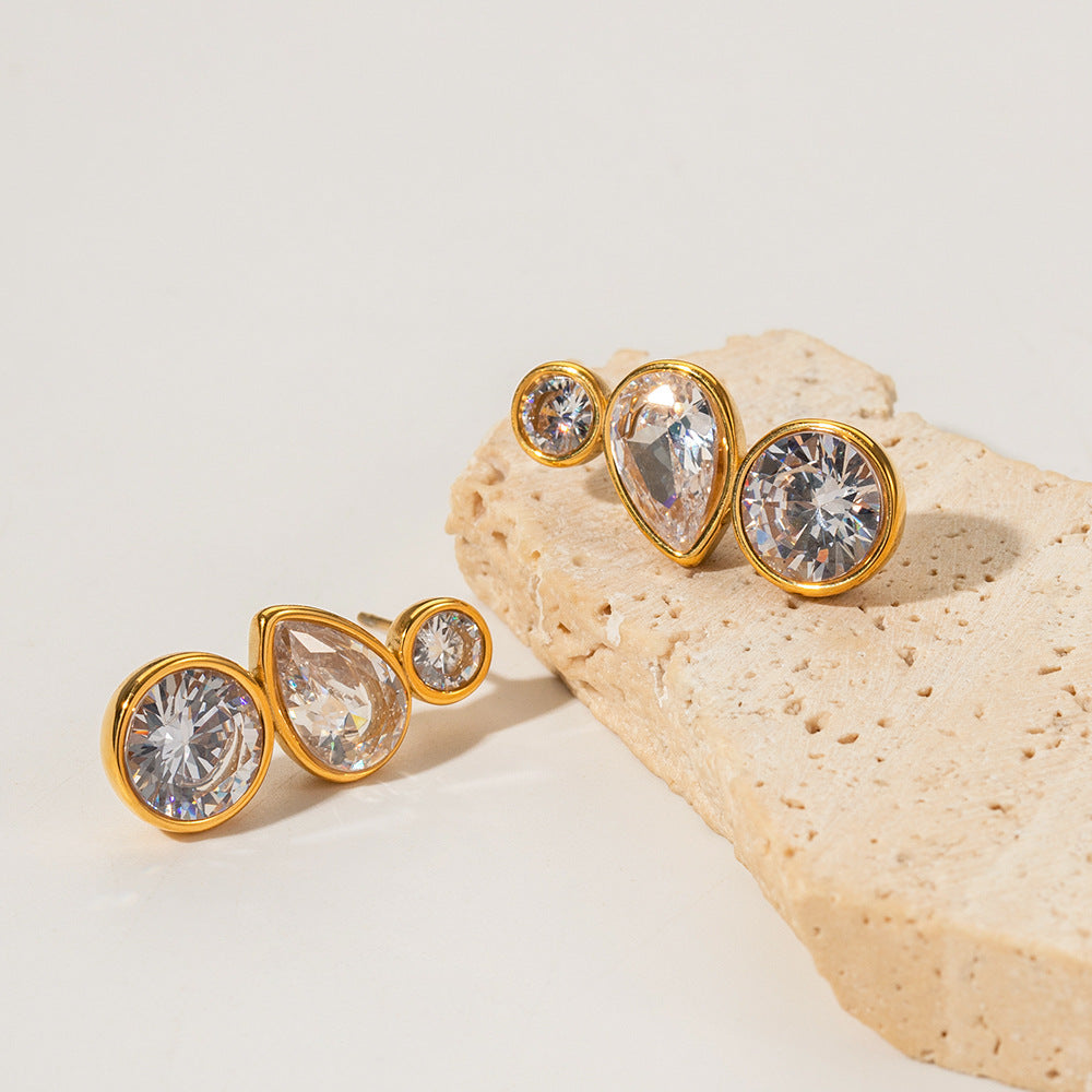 18K Gold Fashion Geometric Inlaid Zircon Versatile Earrings