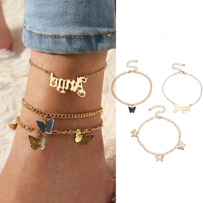 Exquisite fashion letter/butterfly three-layer design all-match anklet