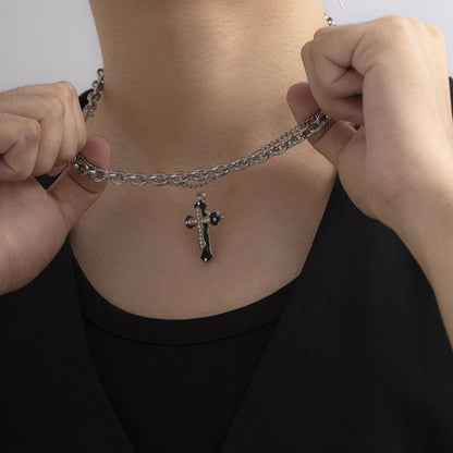 Fashion Double Diamond Cross Hip Hop Pendant Necklace