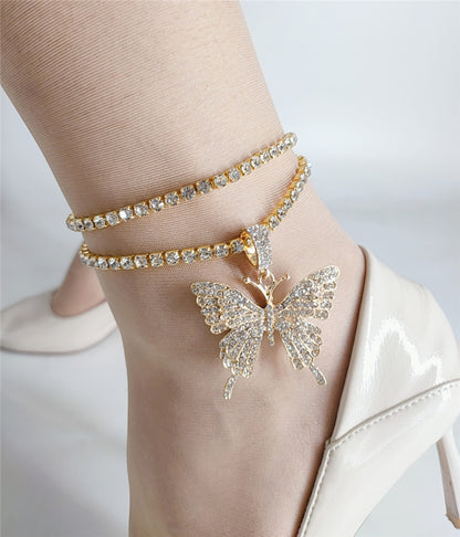 Diamond Butterfly Pendant Double Anklet