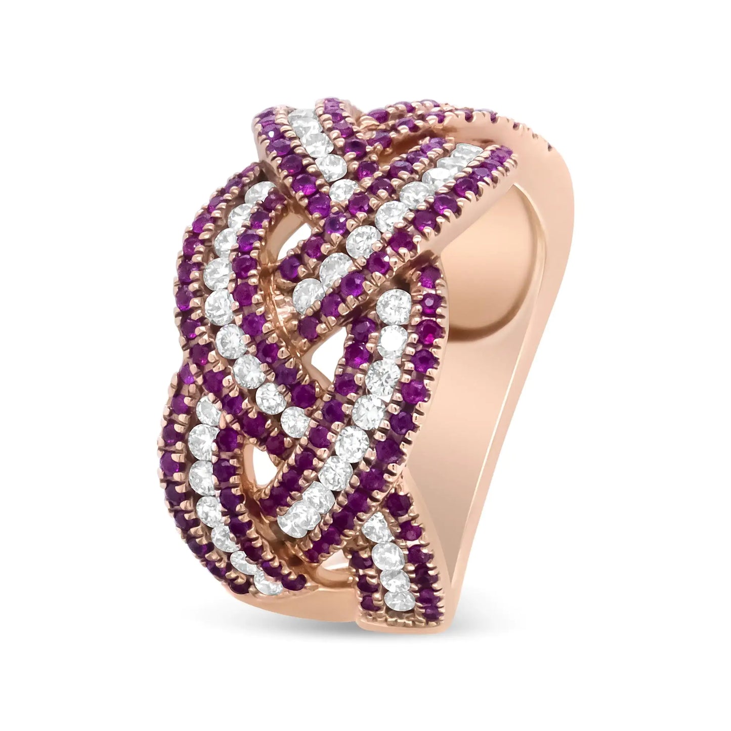 18K Rose Gold Red Ruby and 7/8 Cttw Diamond Woven Braided Band Ring (F-G Color, VS1-VS2 Clarity)