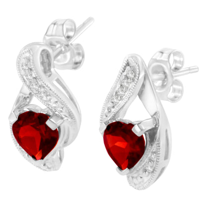 14KT White Gold 6x6mm Created Red Heart Garnet and Diamond Accent Earrings (I-J, I1-I2)