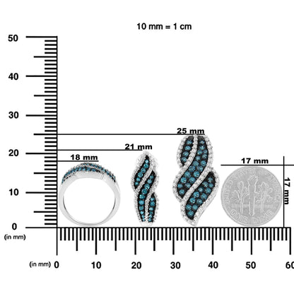 Rhodium over .925 Sterling Silver 1-1/2 Cttw Blue Diamond Pavé Ring, 18" Pendant Necklace, & Earrings Set (Enhanced Color, I1-I2 Clarity)