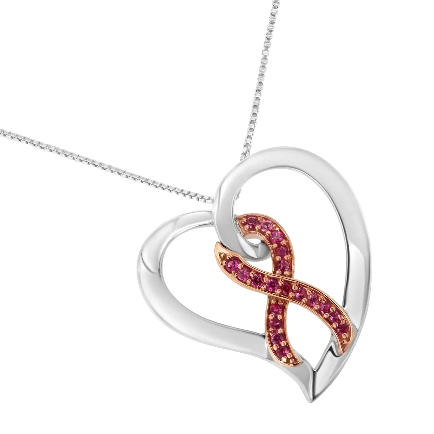 14KT Rose Gold and Sterling Silver Heart Pendant Necklace with Created Pink Sapphires