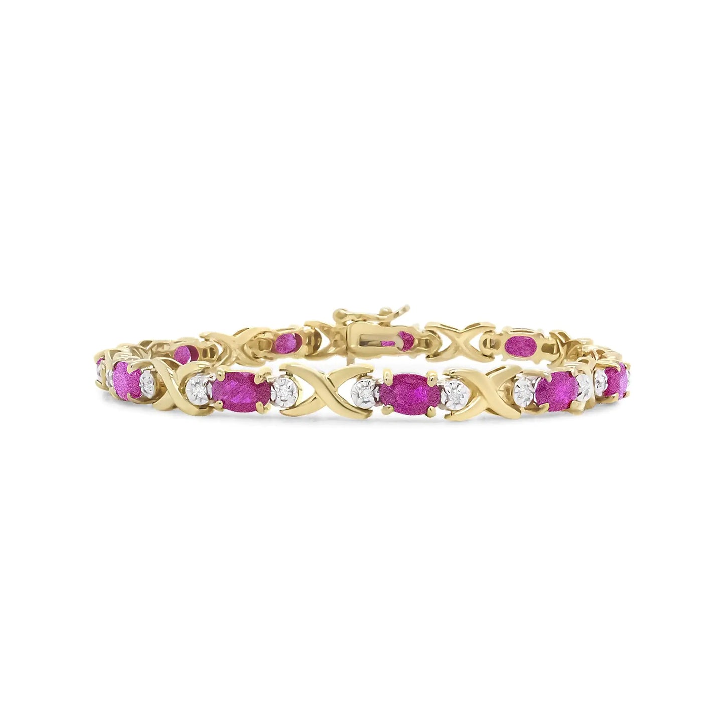 14K Yellow Gold 1/4 Cttw Diamond and Oval Red Ruby Alternating X Link Bracelet (I-J Color, I3 Clarity)