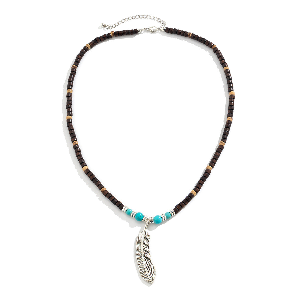 Exquisite and trendy mosaic wooden beads and turquoise with feather design pendant necklace