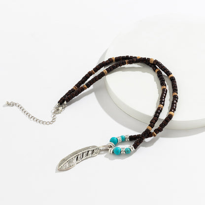 Exquisite and trendy mosaic wooden beads and turquoise with feather design pendant necklace