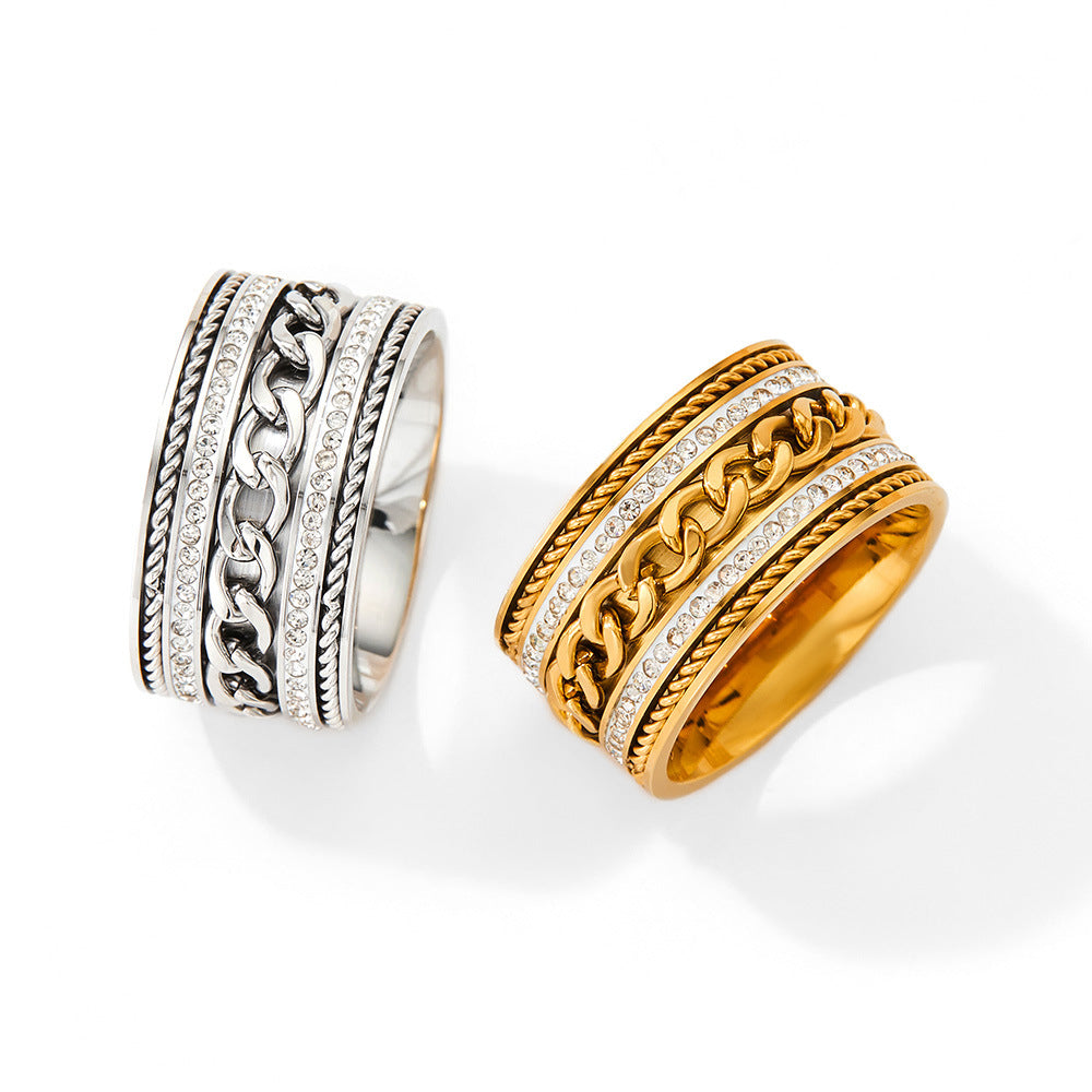 18K gold trendy and personalized wide-faced double-row diamond-set ring with twist chain design