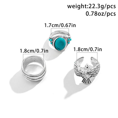 Retro Trend Turquoise/Winged Eagle/Simple Multilayer Design Versatile Ring Set