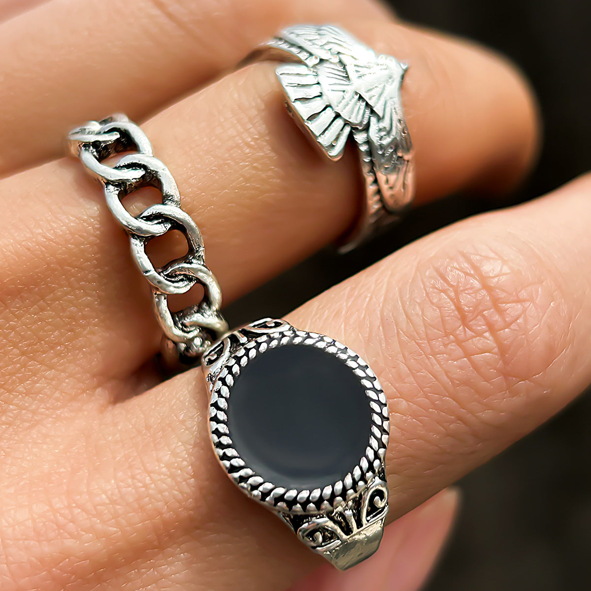 Trendy Personality Winged Eagle/Inlaid Black Gem/Simple Chain Design Versatile Ring Set