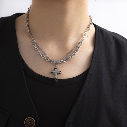 Fashion Double Diamond Cross Hip Hop Pendant Necklace