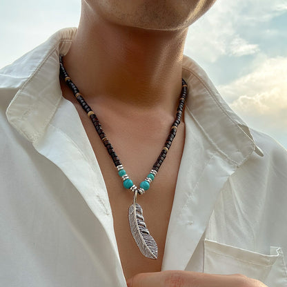 Exquisite and trendy mosaic wooden beads and turquoise with feather design pendant necklace