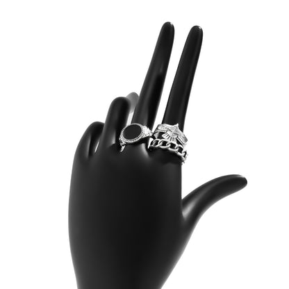 Trendy Personality Winged Eagle/Inlaid Black Gem/Simple Chain Design Versatile Ring Set