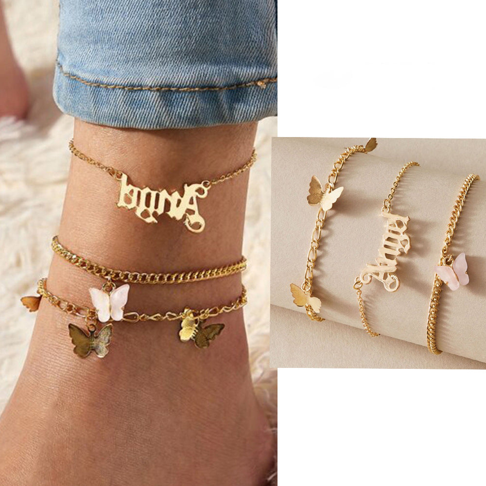 Exquisite fashion letter/butterfly three-layer design all-match anklet