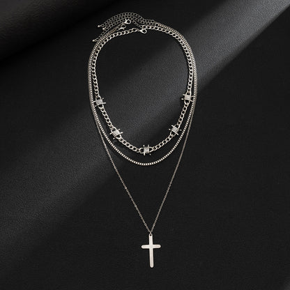 Fashionable and simple hip-hop style three-tiered pearl cross design necklace