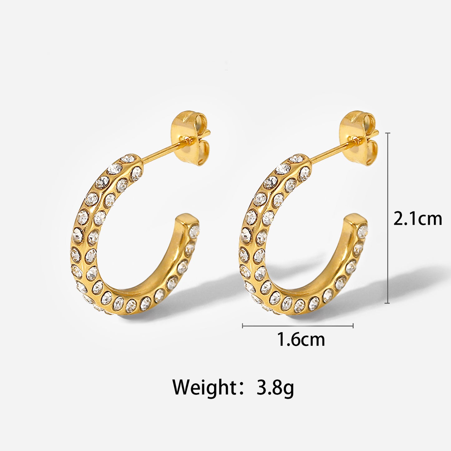 18K Gold Noble and Elegant Inlaid Geometric Cubic Zirconia C-shaped Design Versatile Earrings