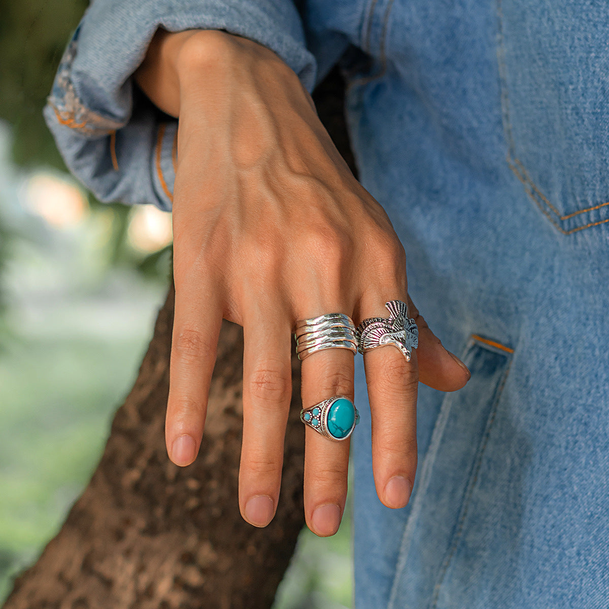 Retro Trend Turquoise/Winged Eagle/Simple Multilayer Design Versatile Ring Set