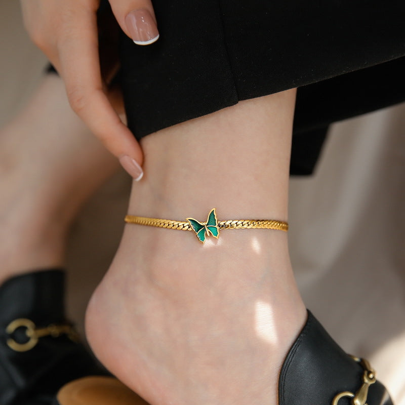 18K Gold Exquisite Light Luxury Green Butterfly Design Versatile Anklet