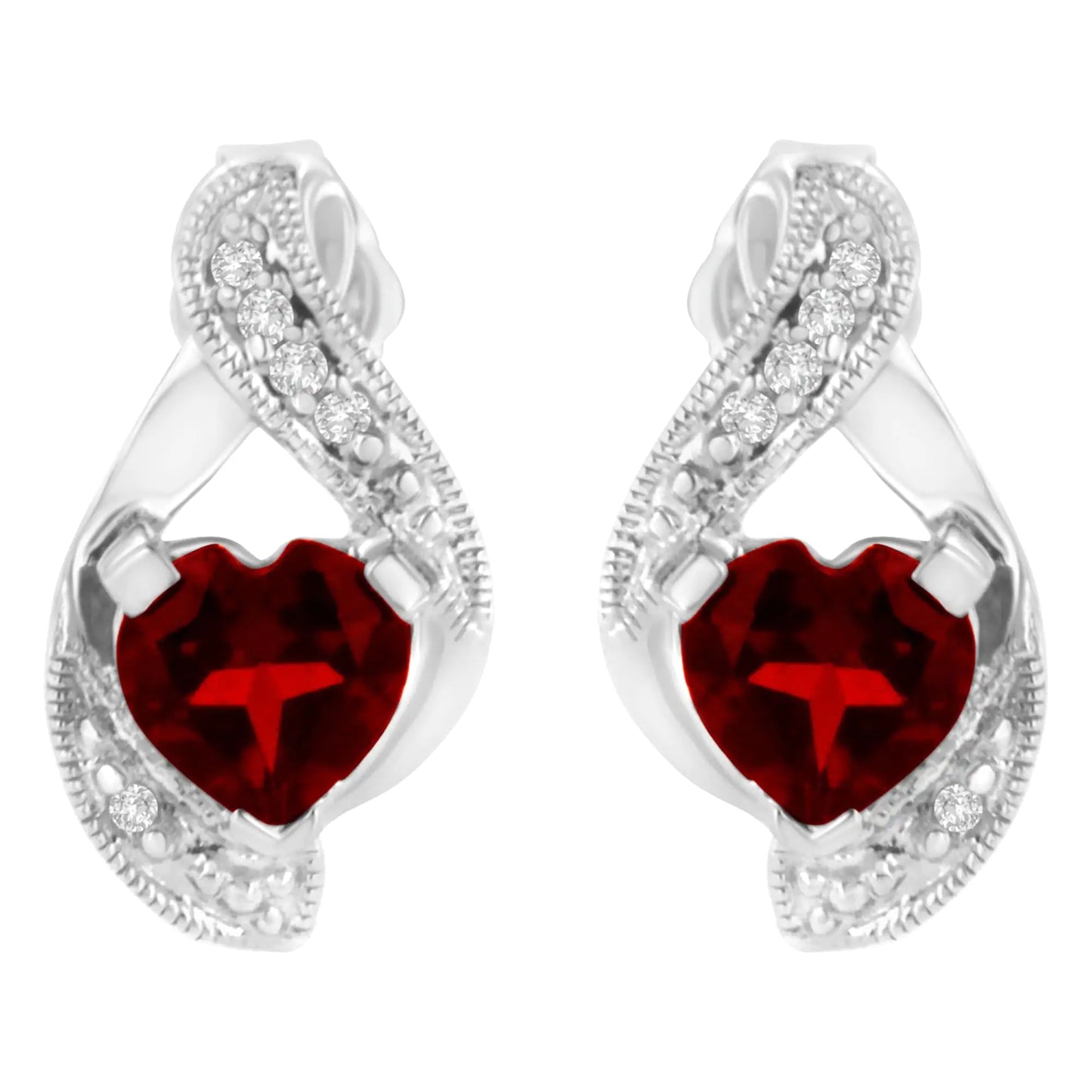 14KT White Gold 6x6mm Created Red Heart Garnet and Diamond Accent Earrings (I-J, I1-I2)