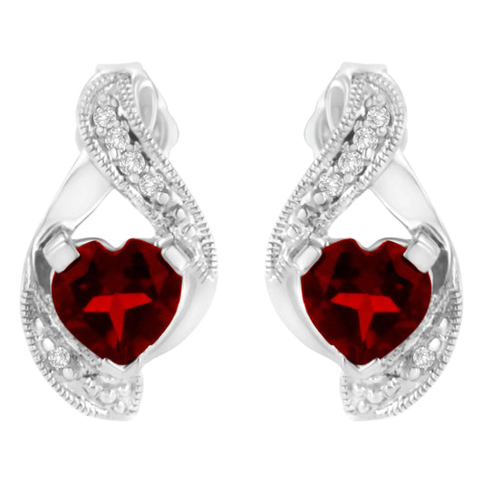 14KT White Gold 6x6mm Created Red Heart Garnet and Diamond Accent Earrings (I-J, I1-I2)