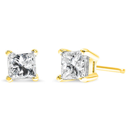 AGS Certified Princess-Cut Square Diamond 4-Prong Solitaire Stud Earrings in 14K Gold (H-I Color, I1-I2 Clarity)